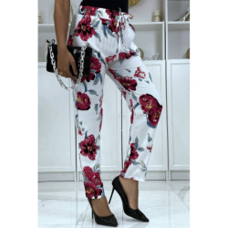 Pantalon fluide blanc à motif floral B-11