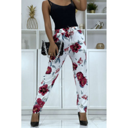 Pantalon fluide blanc à motif floral B-11