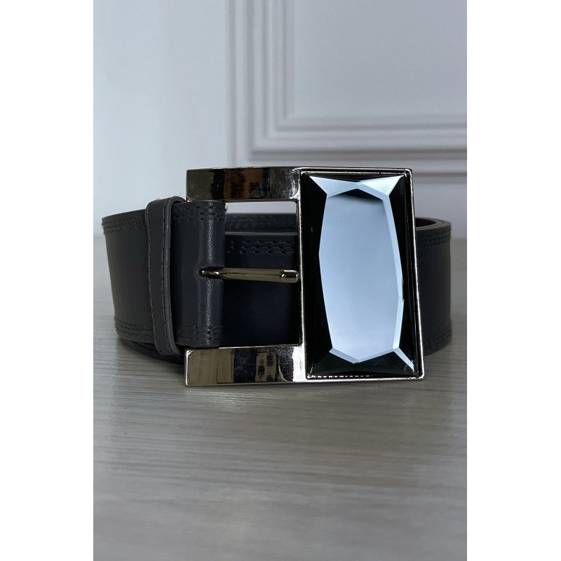 Ceinture grise en simili avec boucle argenté en verre