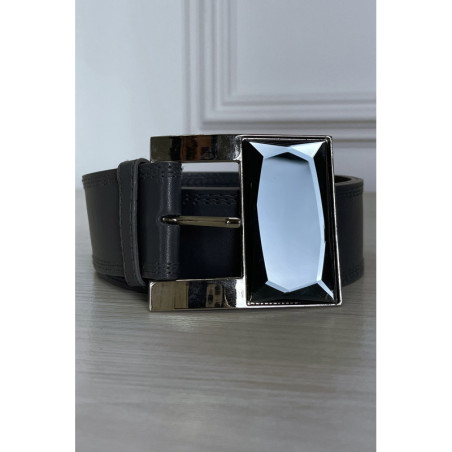 Ceinture grise en simili avec boucle argenté en verre