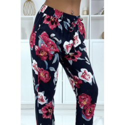 Pantalon fluide marine à motif floral B-11