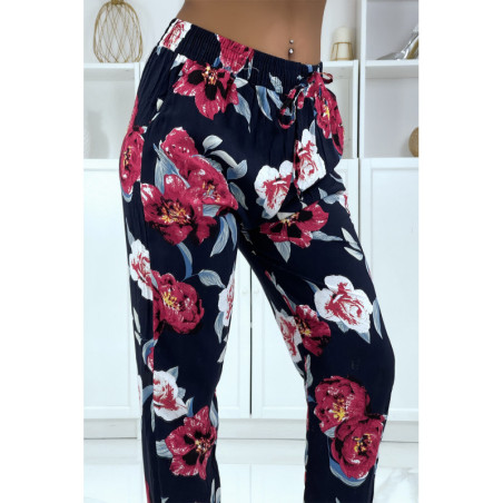 Pantalon fluide marine à motif floral B-11