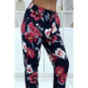 Pantalon fluide marine à motif floral B-11