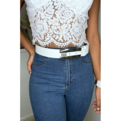 Ceinture blanche en simili avec boucle argenté avec strass