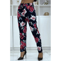 Pantalon fluide marine à motif floral B-11
