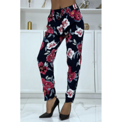 Pantalon fluide marine à motif floral B-11