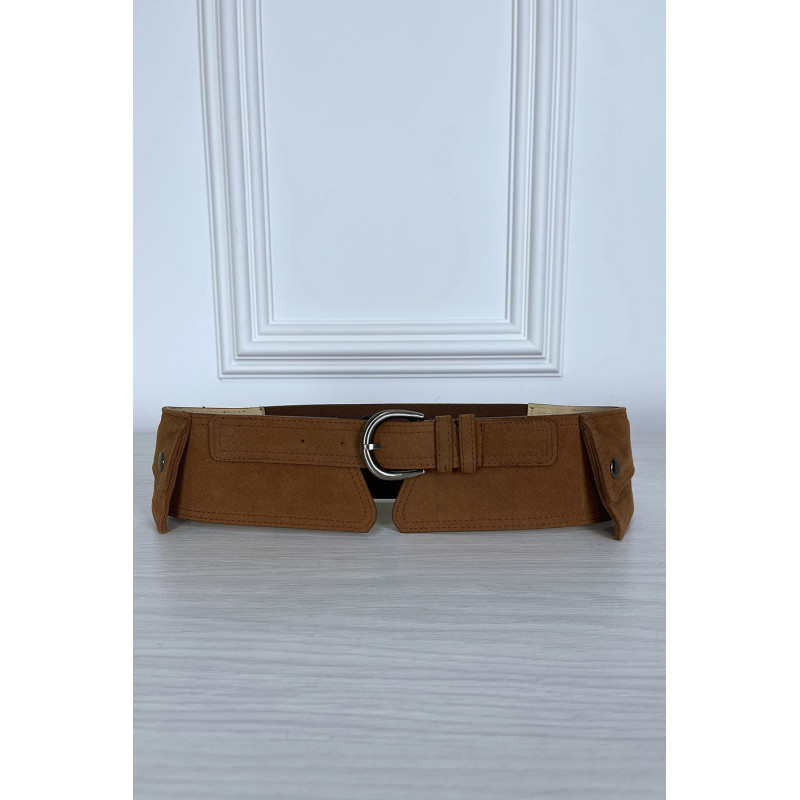 Ceinture camel en suédine avec pochette intégré sur les côtés