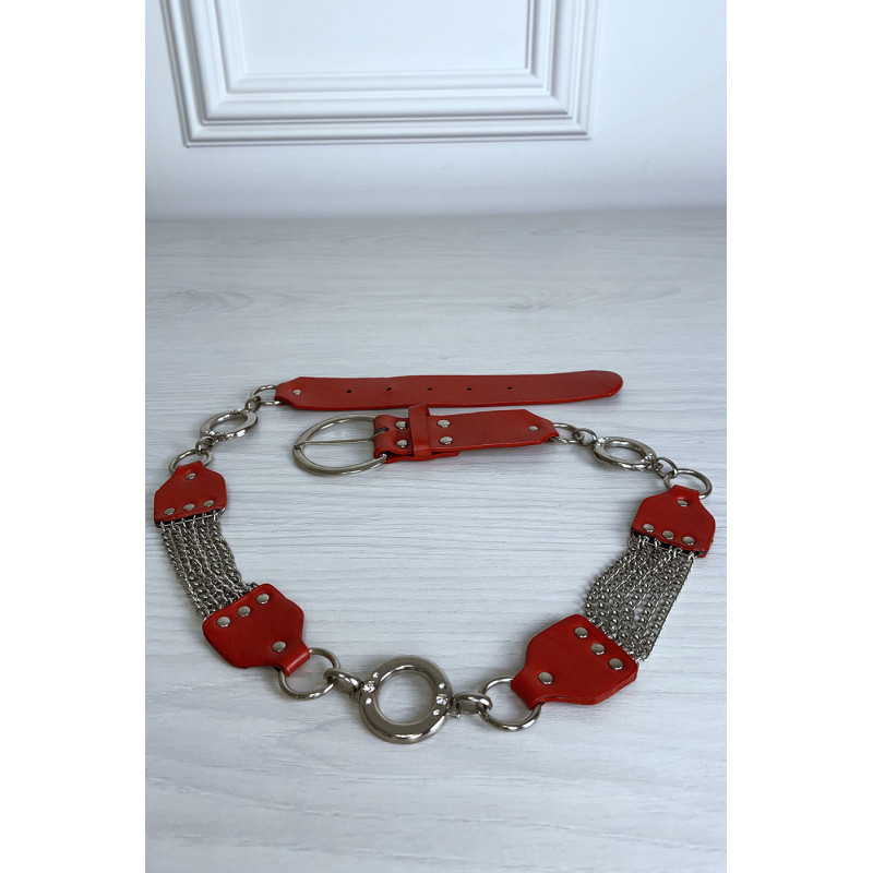 Ceinture rouge en simili avec chêne et accessoire argenté