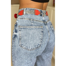 Ceinture rouge en simili avec chêne et accessoire argenté
