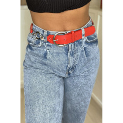 Ceinture rouge en simili avec chêne et accessoire argenté