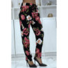 Pantalon fluide noir à motif floral B-11