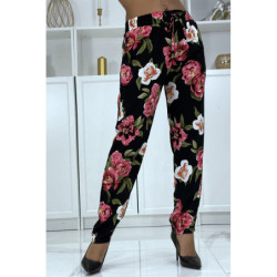 Pantalon fluide noir à motif floral B-11