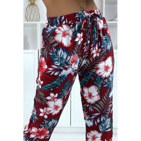 Pantalon fluide bordeaux à motif floral a-45