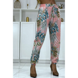Pantalon fluide rose à motif floral a-14
