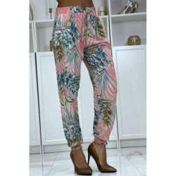 Pantalon fluide rose à motif floral a-14