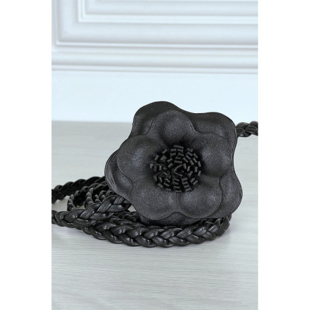 Ceinture tressée noire en simili avec fleur