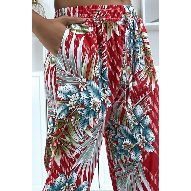 Pantalon fluide rouge à motif floral a-14