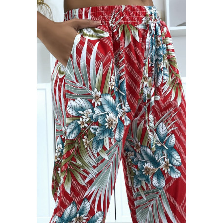 Pantalon fluide rouge à motif floral a-14