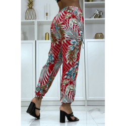 Pantalon fluide rouge à motif floral a-14