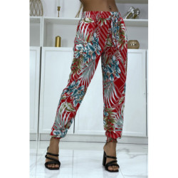 Pantalon fluide rouge à motif floral a-14