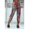 Pantalon fluide rouge à motif floral a-14