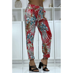 Pantalon fluide rouge à motif floral a-14