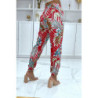 Pantalon fluide rouge à motif floral a-14