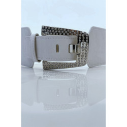 Grosse ceinture blanche bi-matière à bride métallisée et strass