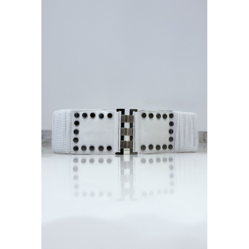 Ceinture blanche avec élastique et paillettes. Ceinture femme