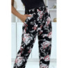 Pantalon cigarette fluide noir à imprimé fleurie B-35