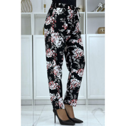 Pantalon cigarette fluide noir à imprimé fleurie B-35