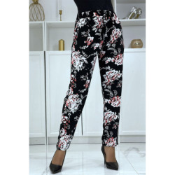 Pantalon cigarette fluide noir à imprimé fleurie B-35