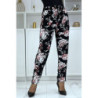 Pantalon cigarette fluide noir à imprimé fleurie B-35