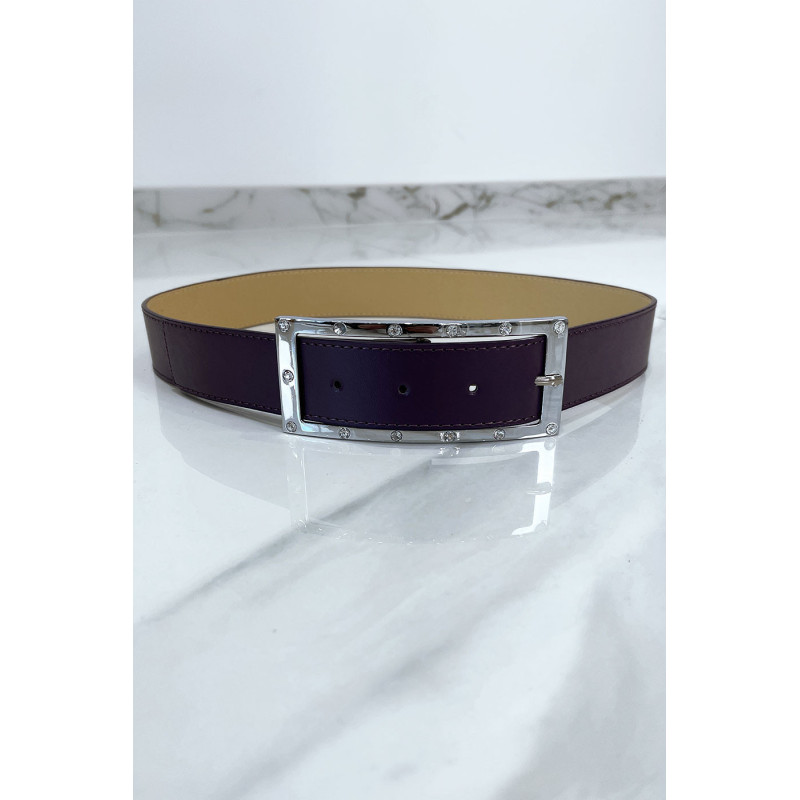 Ceinture violette avec boucle rectangle strass et argenté