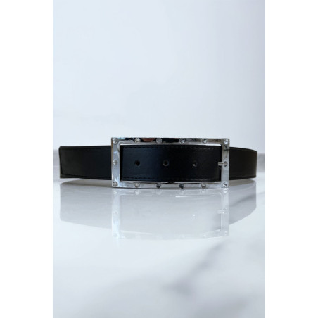 Ceinture noire avec boucle rectangle strass et argenté