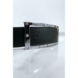 Ceinture noire avec boucle rectangle strass et argenté