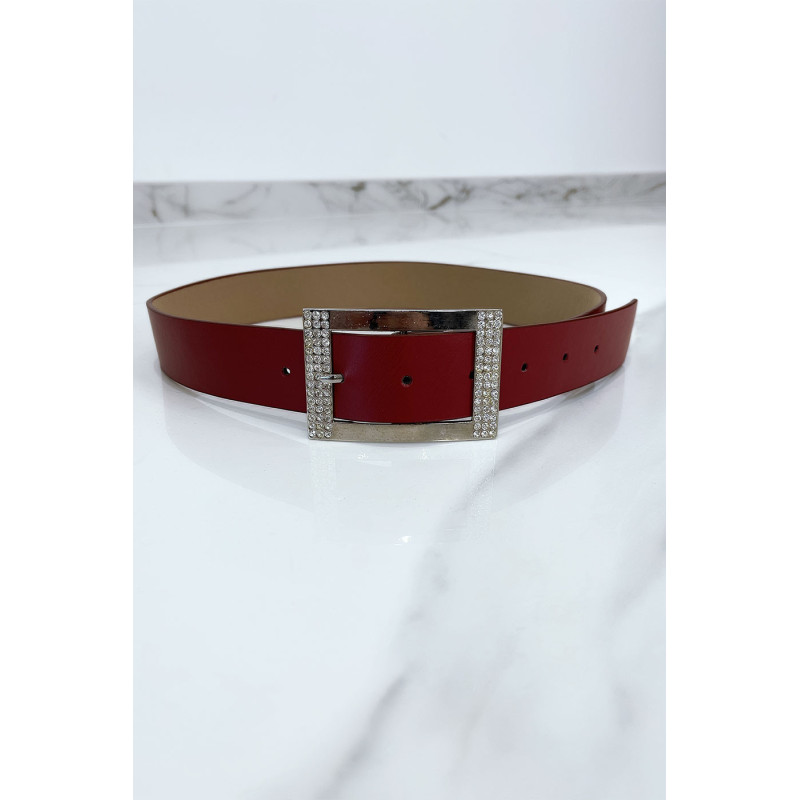 Ceinture bordeaux avec boucle rectangle strass et argenté