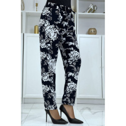 Pantalon cigarette fluide bleu marine à imprimé fleurie B-35