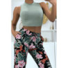 Pantalon fluide noir à motif floral B-21