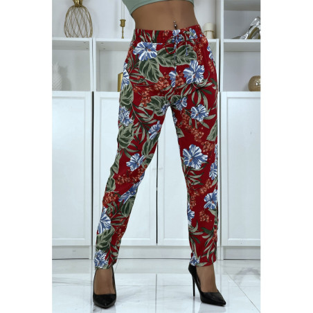 Pantalon fluide bordeaux à motif floral B-21