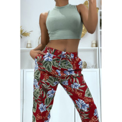 Pantalon fluide bordeaux à motif floral B-21