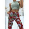 Pantalon fluide bordeaux à motif floral B-21