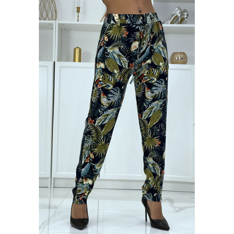 Pantalon fluide marine à motif floral B-23
