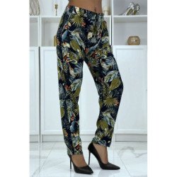 Pantalon fluide marine à motif floral B-23