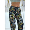 Pantalon fluide marine à motif floral B-23