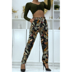 Pantalon fluide noir à motif floral B-23
