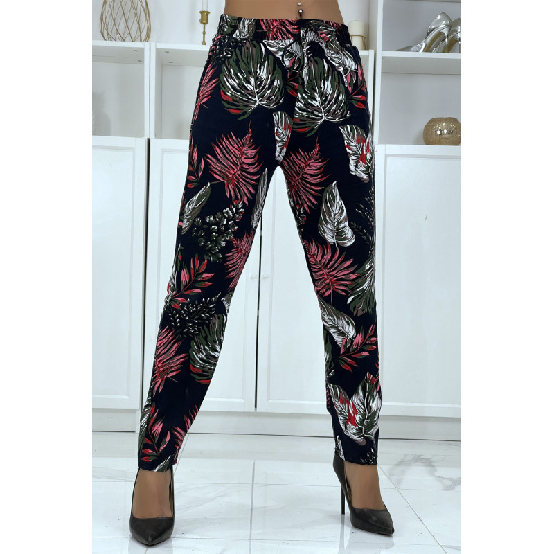Pantalon fluide marine à motif floral B-15