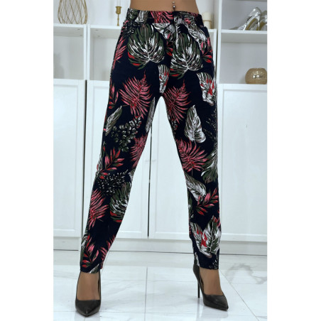 Pantalon fluide marine à motif floral B-15
