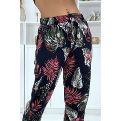 Pantalon fluide marine à motif floral B-15
