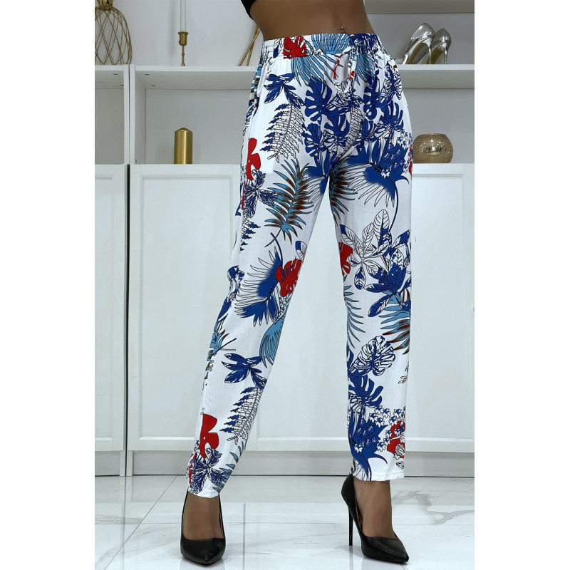 Pantalon fluide blanc à motif floral B-5